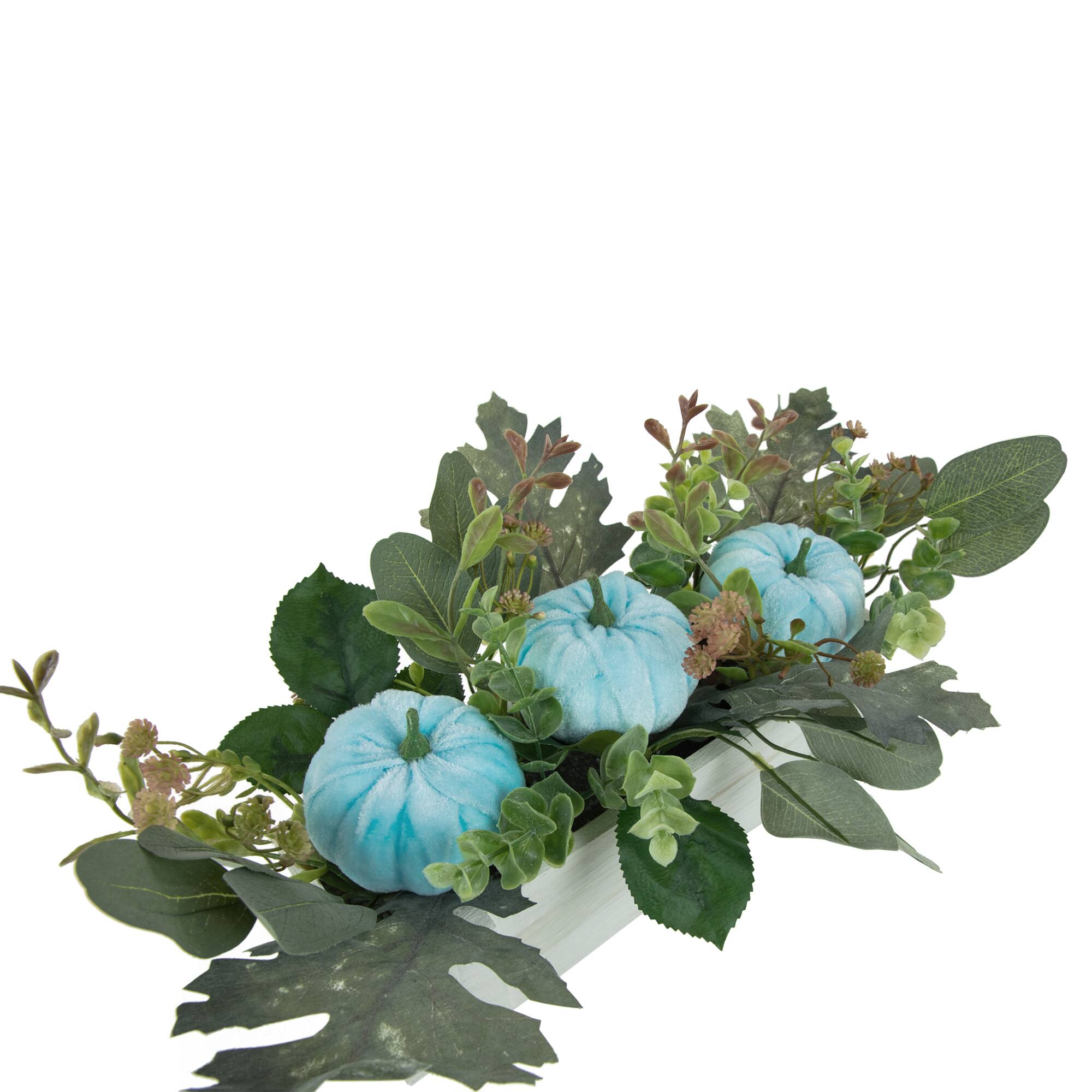 18" White Wooden Box of Foliage & Pumpkins Thanksgiving Decoration
